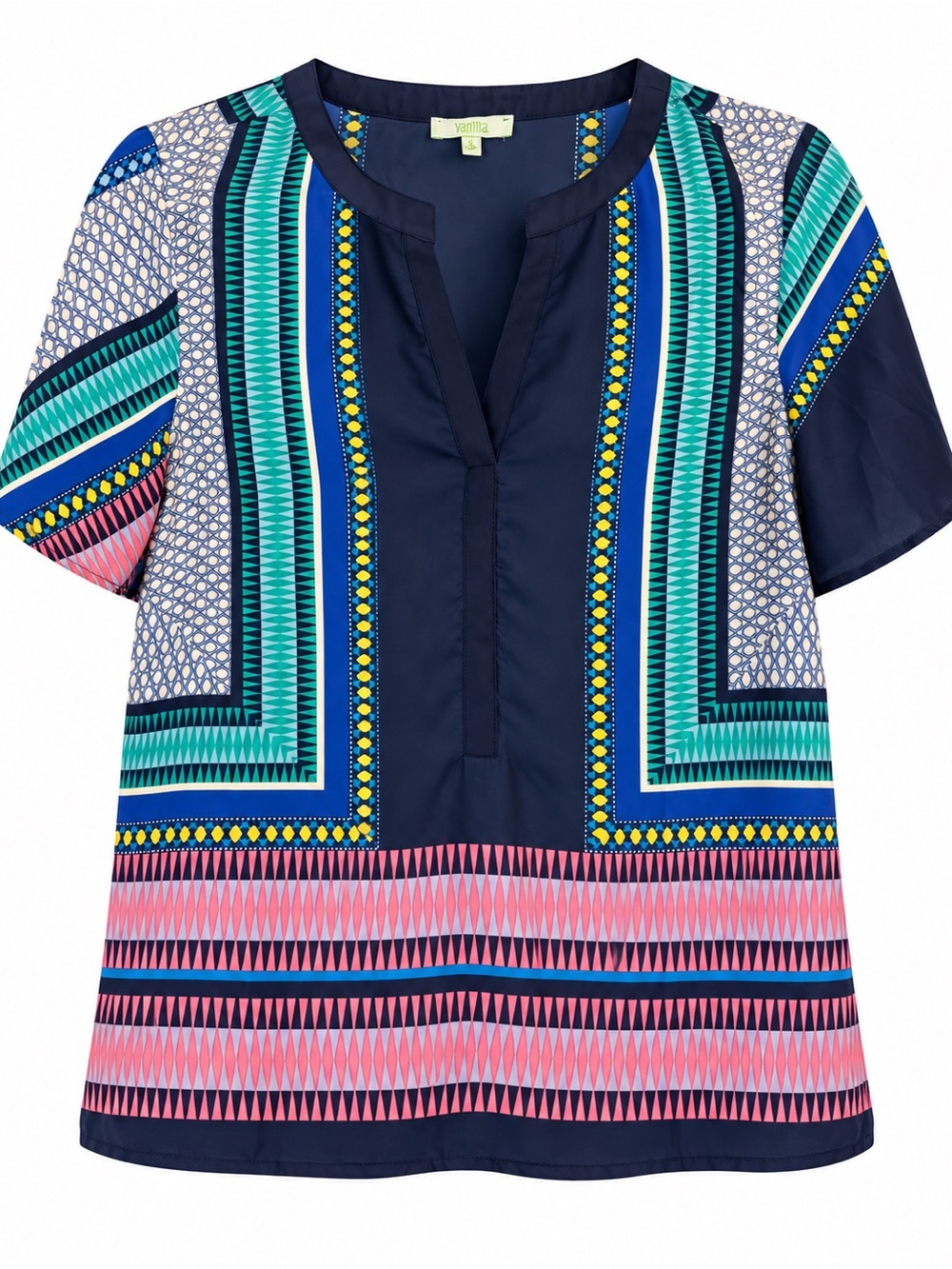 JEM Navy Pink Teal Geo-Print Split-Neck Tunic